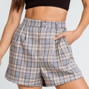 Pleated Plaid Blue Shorts